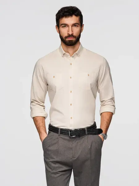 Ombre Men's linen shirt with classic collar and pockets REGULAR FIT - cream