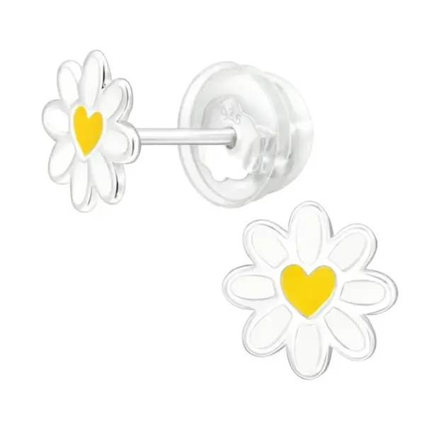 SILVER Dětské stříbrné náušničky Sedmikráska, premium, puzetové, silikon