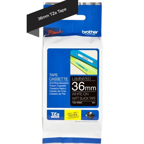 Brother TZE-M365, 36mm x 8m, bílý tisk/černý matný podklad, originální páska