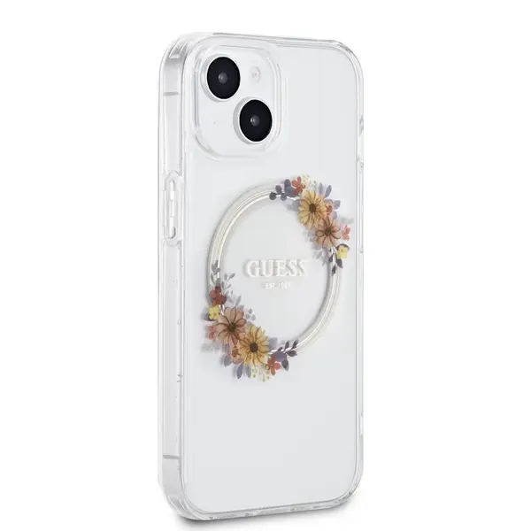 Zadní kryt Guess PC/TPU Flowers Ring Glossy Logo MagSafe pro Apple iPhone 15, transparentní