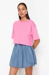 Trendyol Premium Pink 100% Cotton Basic Crop Knitted T-Shirt