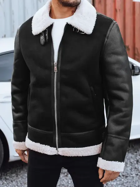 Pánska kožená bunda s bielym kožúškom