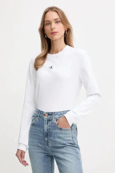 Bavlněné tričko s dlouhým rukávem Calvin Klein Jeans bílá barva, LV047D223G