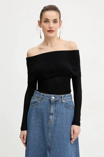 Tričko s dlouhým rukávem Guess MELANIE černá barva, španělský výstřih, W5BR48 Z0612