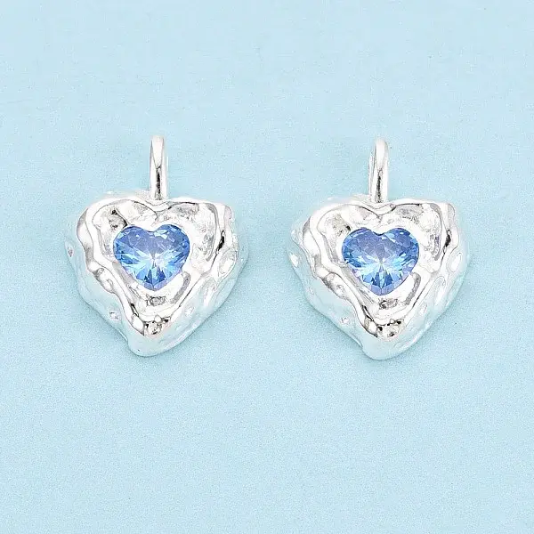 925 Sterling Silver Pave Cornflower Blue Cubic Zirconia Heart Pendants