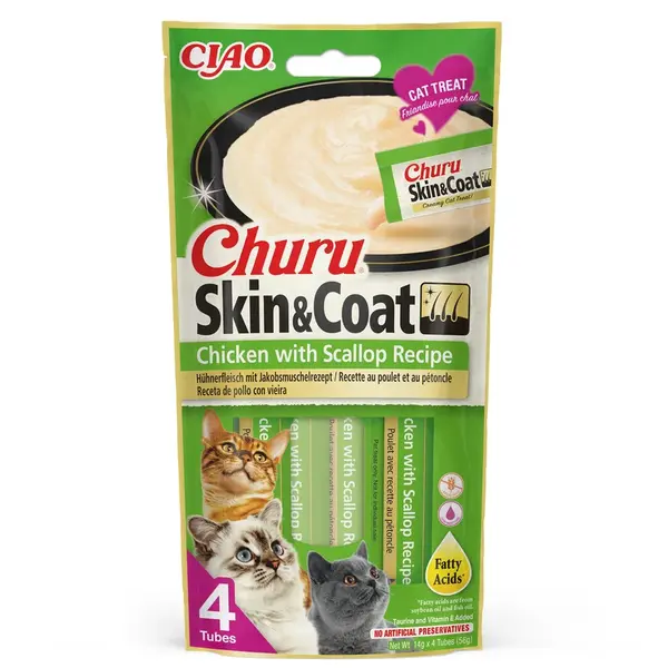 Inaba Cat Ciao Churu Skin & Coat Krémové krmivo pre mačky - kura, hrebenatky 3 x (4 x 14 g)