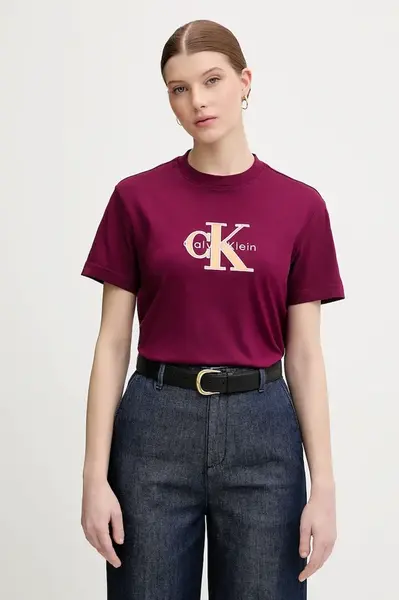 Bavlněné tričko Calvin Klein Jeans dámské, vínová barva, LV047E819G