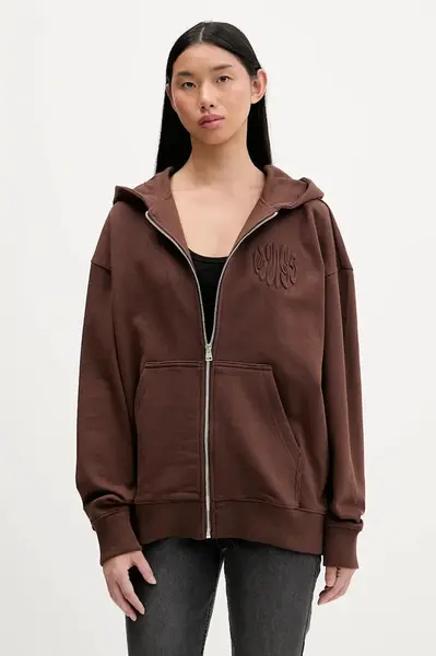 Bavlněná mikina Hugo Blue Doa_B_3 dámská, hnědá barva, s kapucí, s aplikací, 50553980