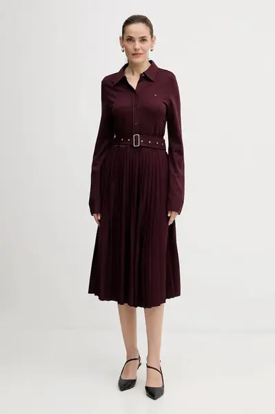 Šaty Tommy Hilfiger vínová barva, midi, WW0WW48398