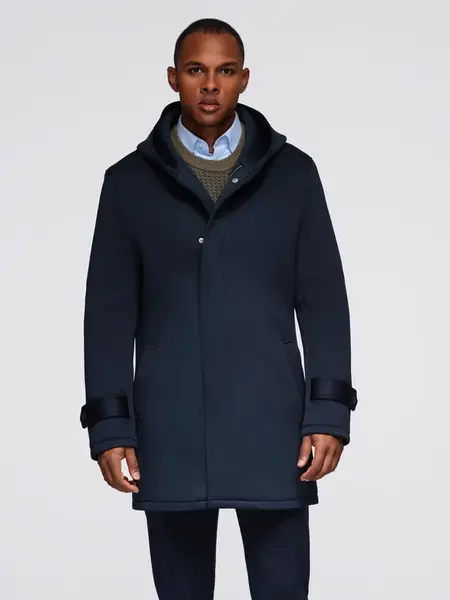 Ombre Minimalist men's mid-length coat with hood - navy blue