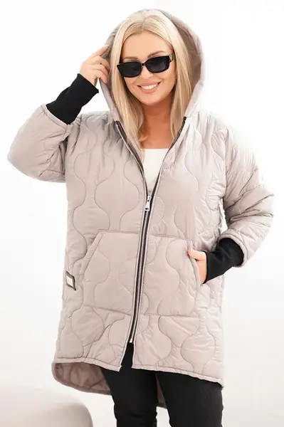 Kesi Włoski Dámská bunda Plus Size prošívaná s kapucí tmavě béžová