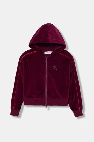 Dětská mikina Calvin Klein Jeans vínová barva, s kapucí, hladká, IG0IG03088