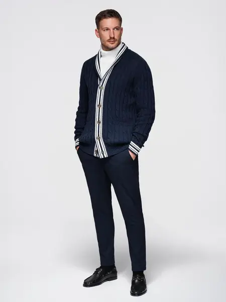 Ombre Men's cardigan sweater with shawl collar in preppy style - navy blue