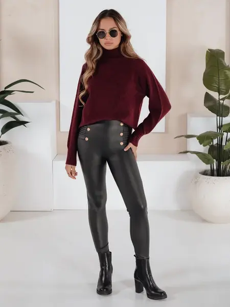 Legginsy damskie ze skóry ekologicznej z guzikami czarne Dstreet