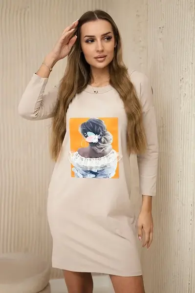 Šaty s grafikou 3D, krajka béžová