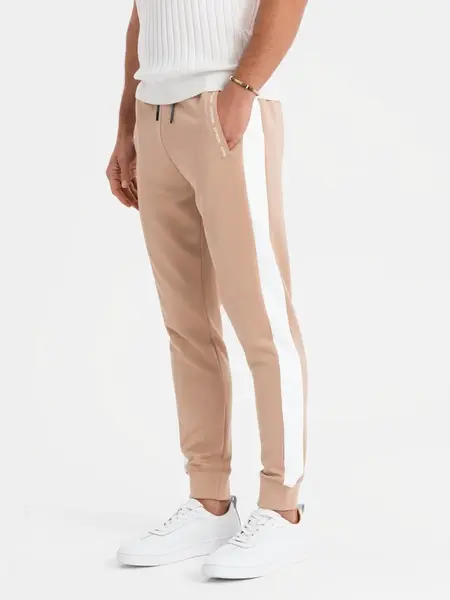 Ombre Men's sweatpants joggers with contrasting stripes - beige