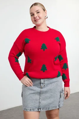 Trendyol Curve Red Embroidered New Year's Themed Knitwear Sweater