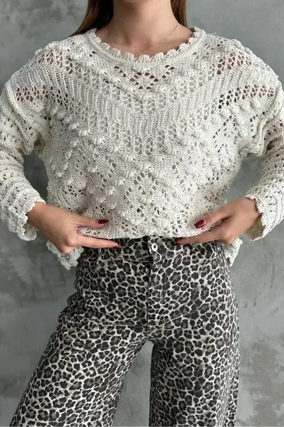 69491 Dewberry Patterned Openwork Knitwear Womens Sweater-CREAM