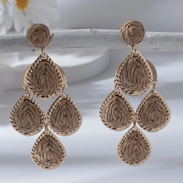 Teardrop Alloy Raffia Dangle Stud Earrings