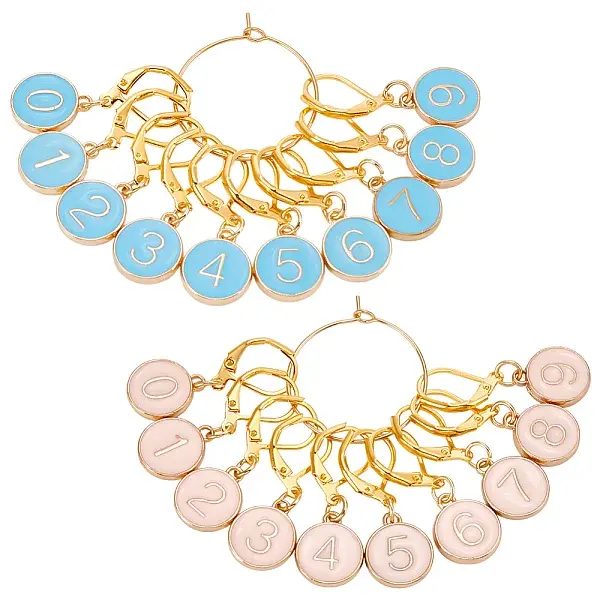 20Pcs Flat Round with Number 0-9 Alloy Enamel Pendant Locking Stitch Markers