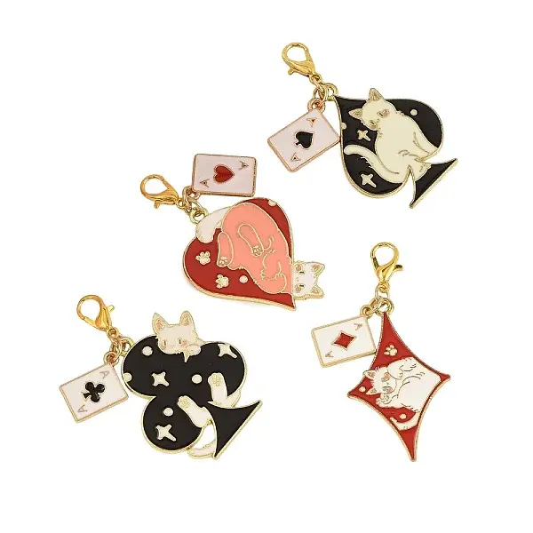 4Pcs Alloy Enamel Cat with Playing Card Pendant Decorations