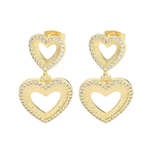 Hollow Heart Brass Pave Clear Cubic Zirconia Dangle Stud Earrings