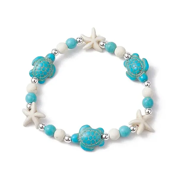 Turtle & Starfish Synthetic Turquoise Beaded Stretch Bracelet