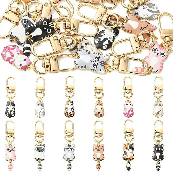12Pcs 12 Styles Plating Alloy Enamel Cat Shape Pendant Decorations
