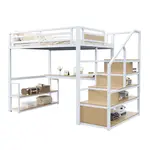 CHICFURN VYVÝŠENÁ POSTEL 140/200 cm v bílé barvě s pracovním stolem, policemi a úložnými schody