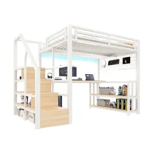 CHICFURN VYVÝŠENÁ POSTEL 140/200 cm v bílé barvě s psacím stolem, LED a USB