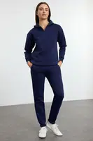 Trendyol Navy Blue Thick Polar Fleece Zippered Stand Collar Jogger Knitted Tracksuit