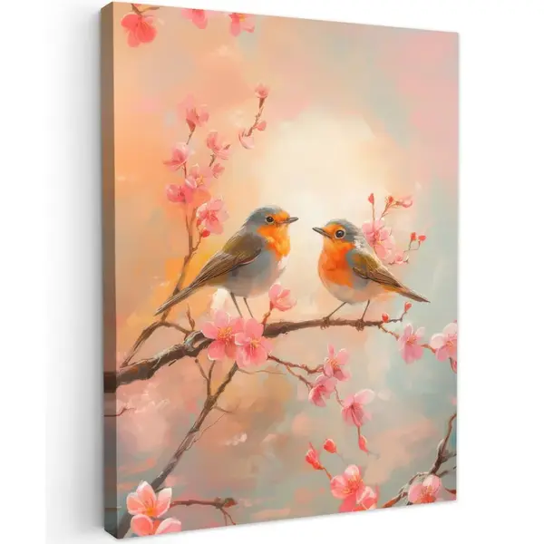 MuchoWow OBRAZ NA PLÁTNĚ Robins - Ornamental - Blossom branch 60x80 cm