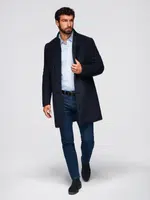 Ombre Men's coat with asymmetrical fastening and high collar - navy blue