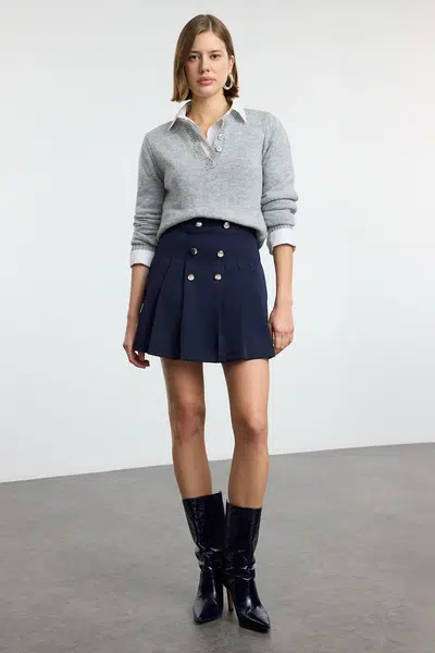 Trendyol Navy Blue Button Detail Pleated Weaving Skirt