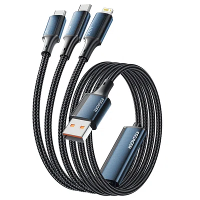 ESSAGER 100W 3 in 1 USB A to USB C Lightning Micro Data Cable - Blue