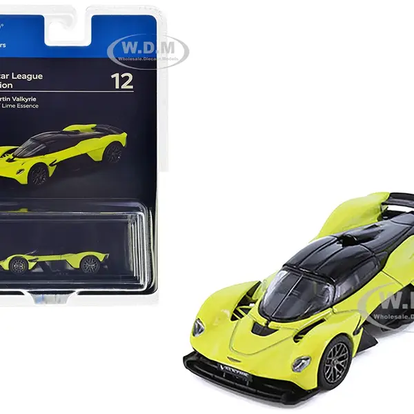 Aston Martin Valkyrie Lime Essence Yellow Metallic with Black Top "Hypercar League Collection" 1/64 Diecast Model Car by PosterCars
