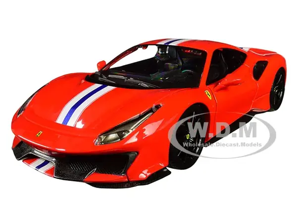 Ferrari 488 Pista Red with White and Blue Stripes 1/24 Diecast Model Car by Bburago