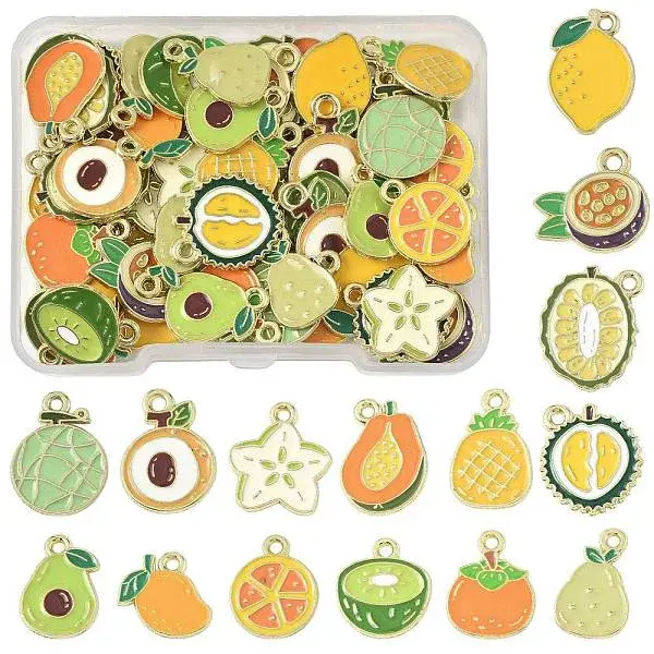 60Pcs 15 Styles Fruit Alloy Enamel Charms