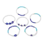 6Pcs 6 Style Glass & Lampwork Evil Eye & Hamsa Hand Beaded Stretch Bracelets Set
