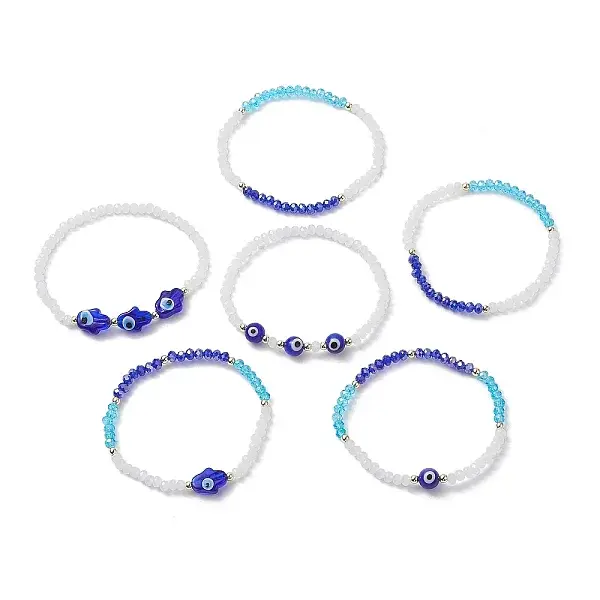 6Pcs 6 Style Glass & Lampwork Evil Eye & Hamsa Hand Beaded Stretch Bracelets Set