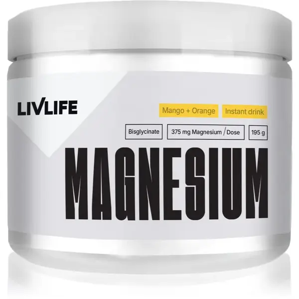 LivLife Magnesium Bisglycinate prášek pro efektivní doplnění hořčíku příchuť Mango Orange 195 g