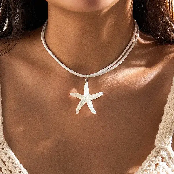 Bohemian Style Resin Starfish Pendant Faux Suede Cord Double Layer Necklaces for Women
