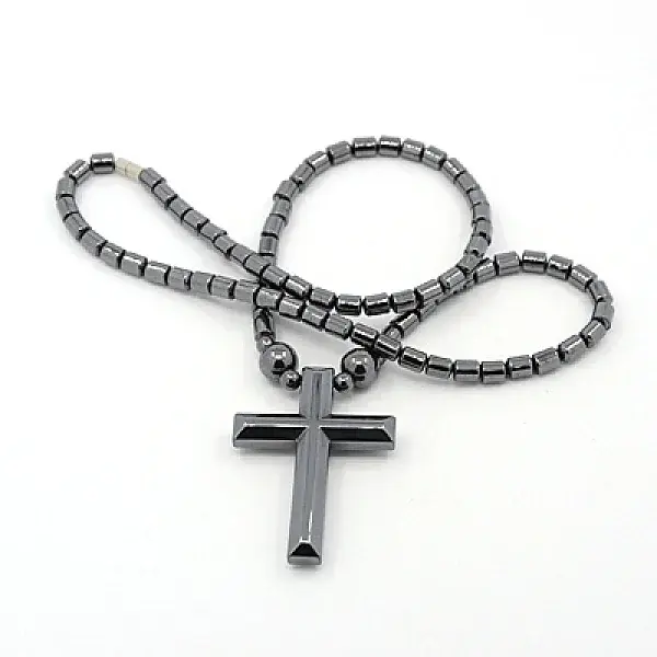 Mens Saint Cross Magnetic Synthetic Hematite Pendant Necklaces