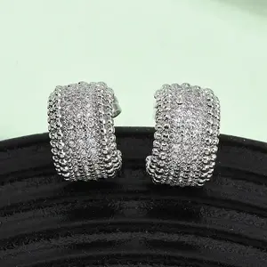 Brass Micro Pave Clear Cubic Zirconia C-Shaped Stud Earrings