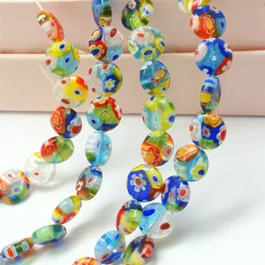 Millefiori Glass Lampwork Flat Round Bead Strands