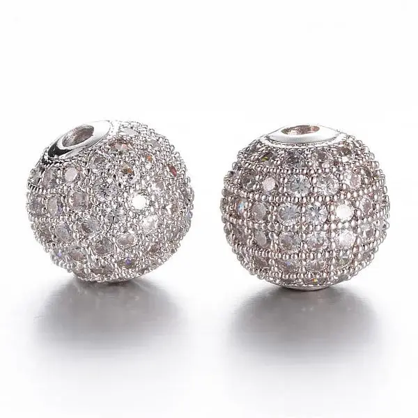 CZ Brass Micro Pave Grade AAA Clear Color Cubic Zirconia Round Beads