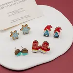 4 Pairs Snowflake & Glove & Christmas Gnome Printed Wood Stud Earrings