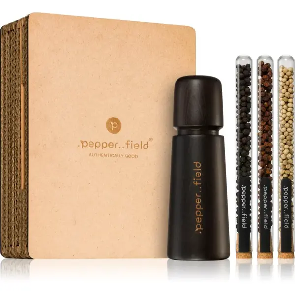 .pepper..field Sada zkumavek s Kampotským pepřem se skandinávským mlýnkem dárková sada v krabičce Black