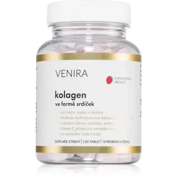 Venira Kolagen ve formě srdíček cucavé tablety krásné vlasy, nehty a pokožka příchuť Raspberry 120 tbl