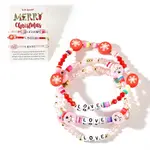3Pcs Christmas Theme Handmade Polymer Clay & Glass Bicone Beads Stretch Bracelet Sets